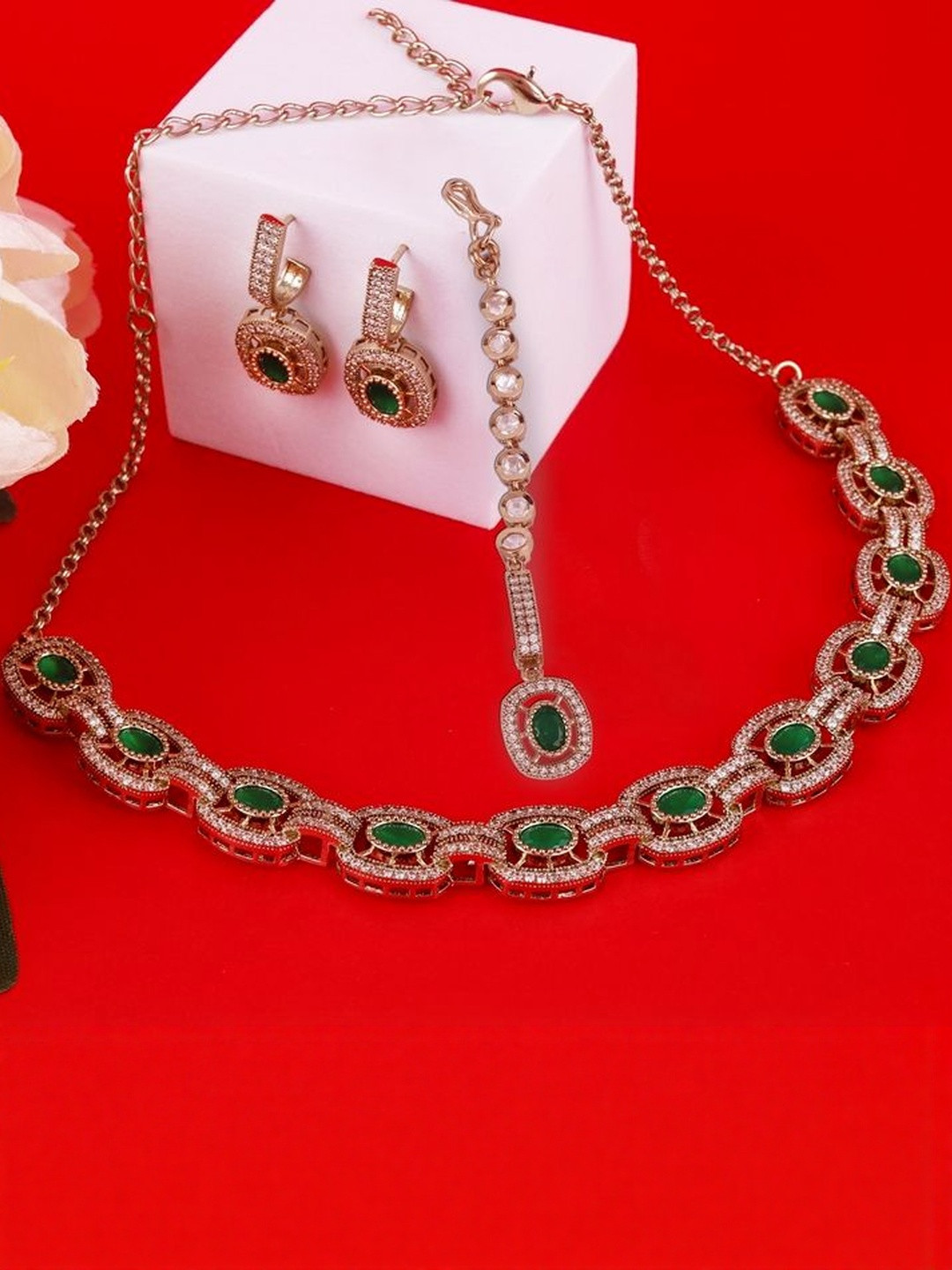 SALONI FASHION JEWELLE CZ Studded Gold Plated Choker Necklace Set With Maangikka