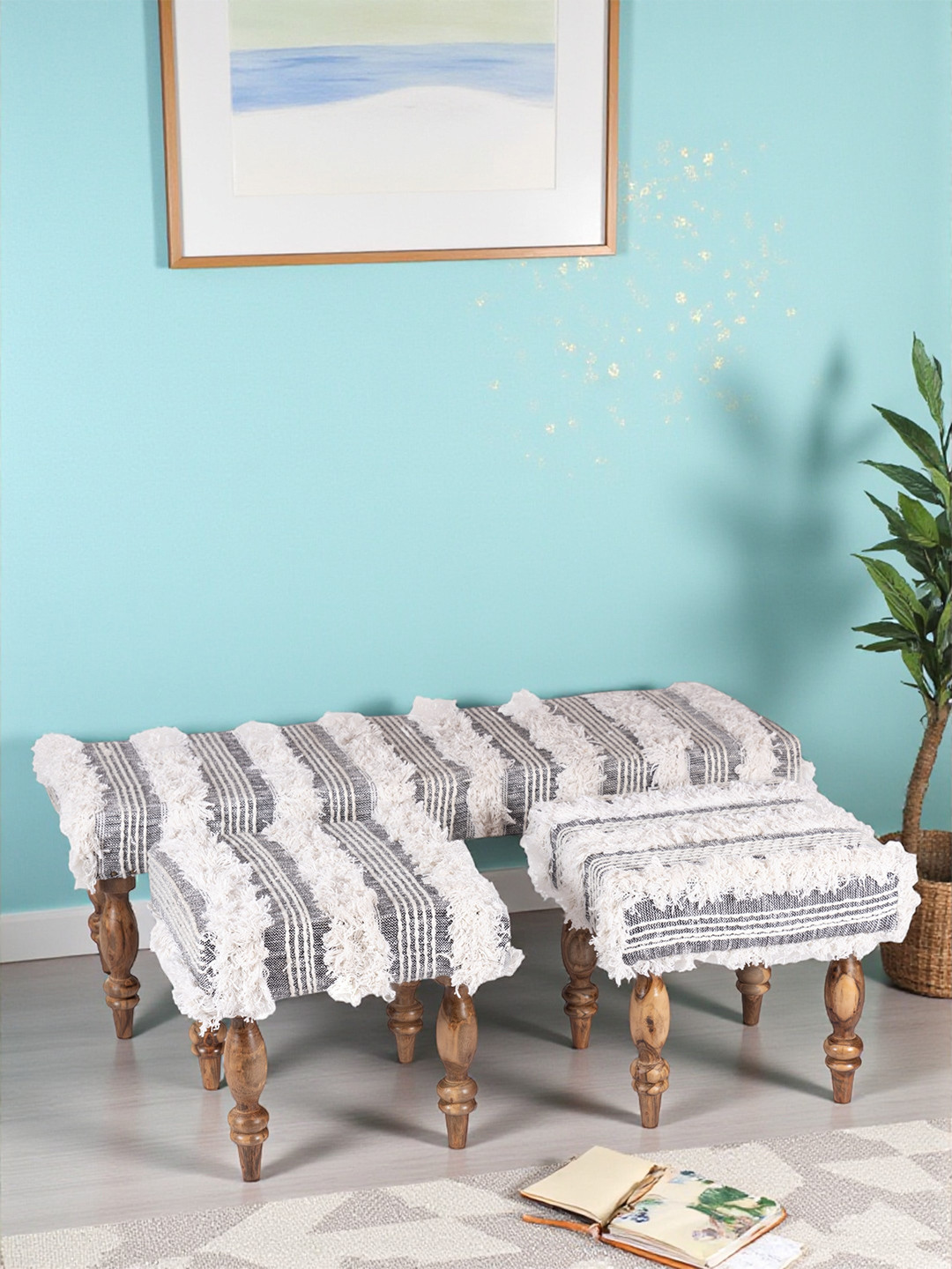 Ikiriya Rosewood Accent 3+1+1 Seater Bench Set With 2 Stools In Grey Fabric With Fringes