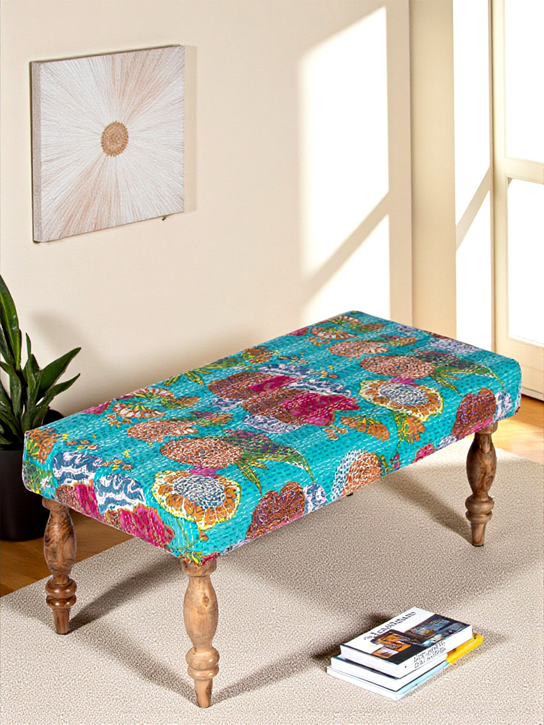 Ikiriya Bestone Sheesham Wood Mid Century 2 Seater Bench In Sea Green Fruit Print Kantha
