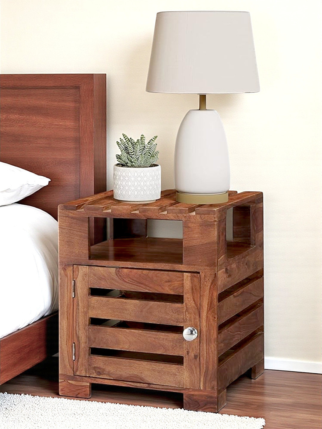 Ikiriya Harvey Sheesham Wood Contemporary Bedside Table/ End Table In Natural Teak Finish