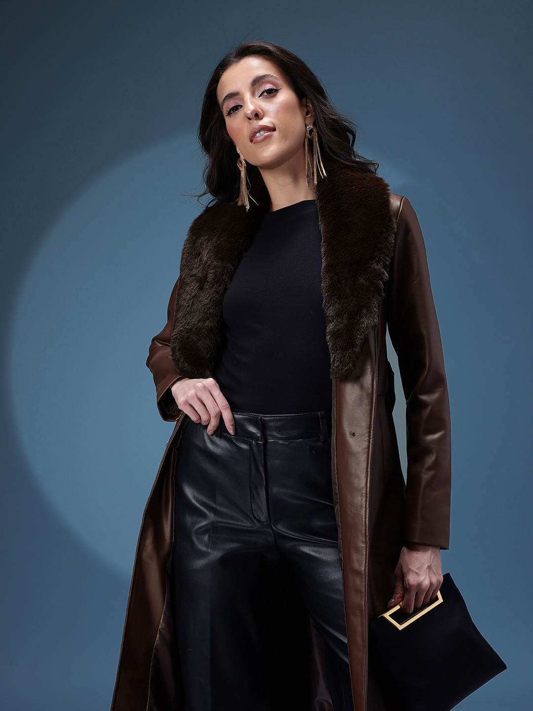 bebe PU Longline Coat With Detachable Faux Fur Collar & Belt