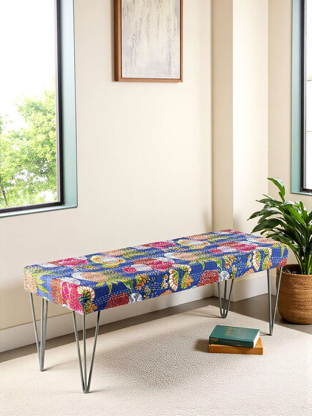 Ikiriya Sheesham Wood Mid Century 3 Seater Bench With Metal Leg In Fruit Print Blue Kantha