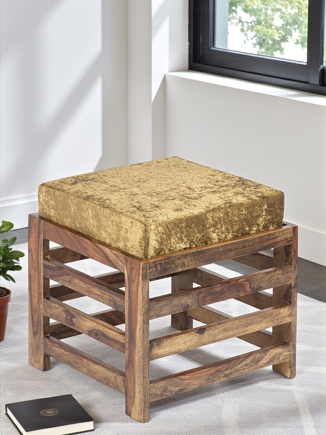 Ikiriya Sheesham Wood Square Stool In Teak Finish With Green Sparkle Velvet Cushion