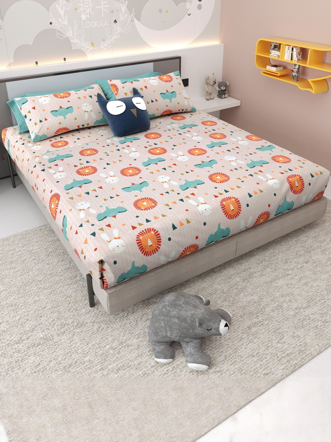 Myntra Elegant Homes Beige Dreamland Kings Kids Cotton Bedsheet With 2 Pillow Cover