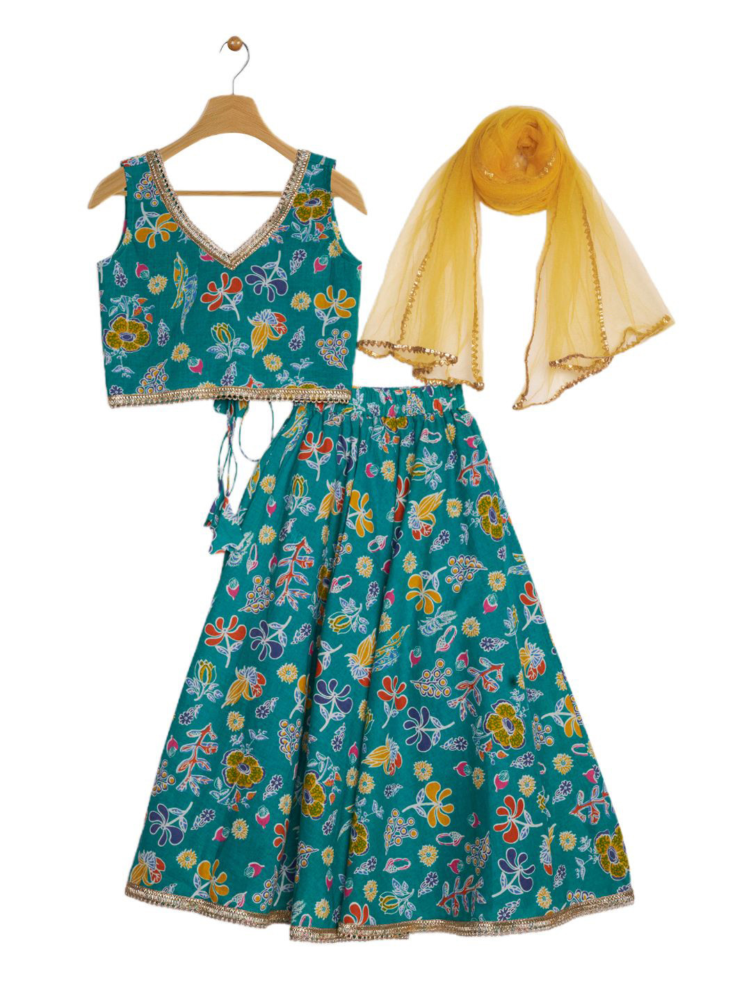 studio rasa Girls V-Neck Block Print Cotton Ready To Wear Lehenga & Blouse With Dupatta