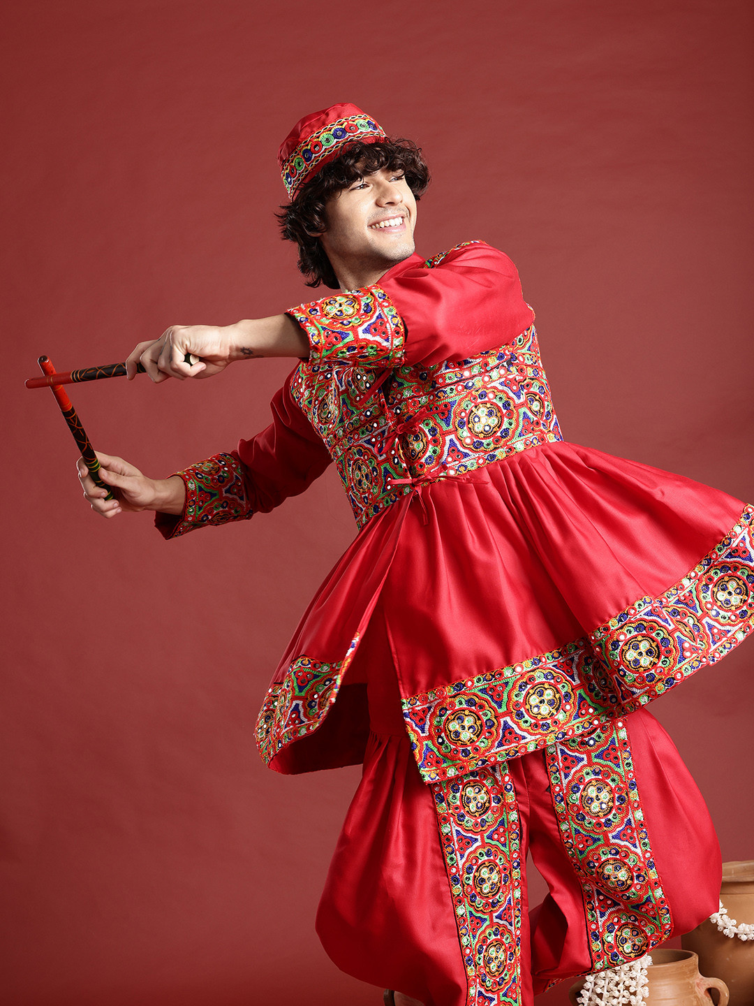 PulseIQ Ethnic Motifs Embroidered Angrakha Navaratri Kediya Set with Dandiya & Cap