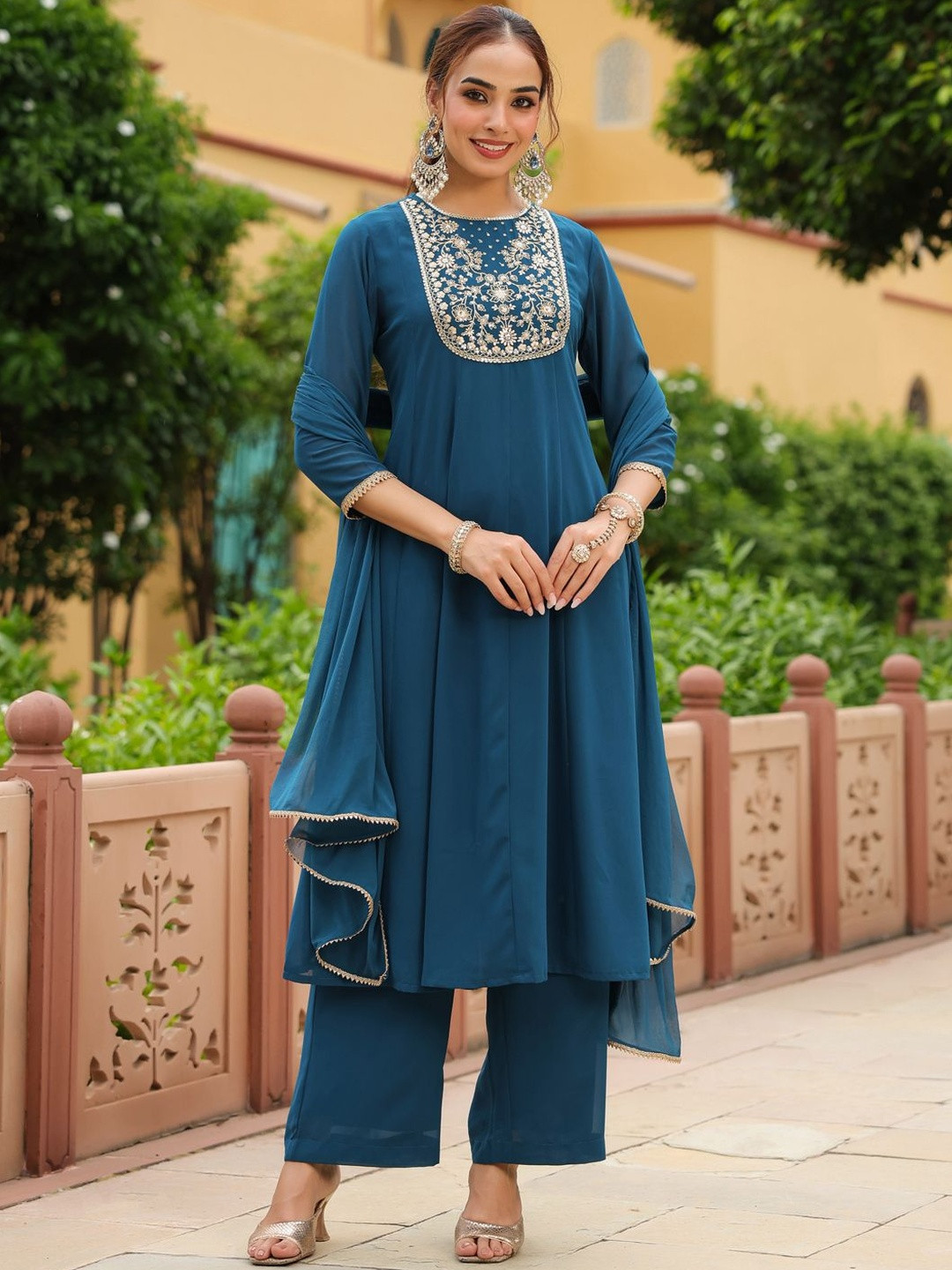 Janasya Floral Yoke Design Sequinned Anarkali Georgette Kurta With Trousers & Dupatta