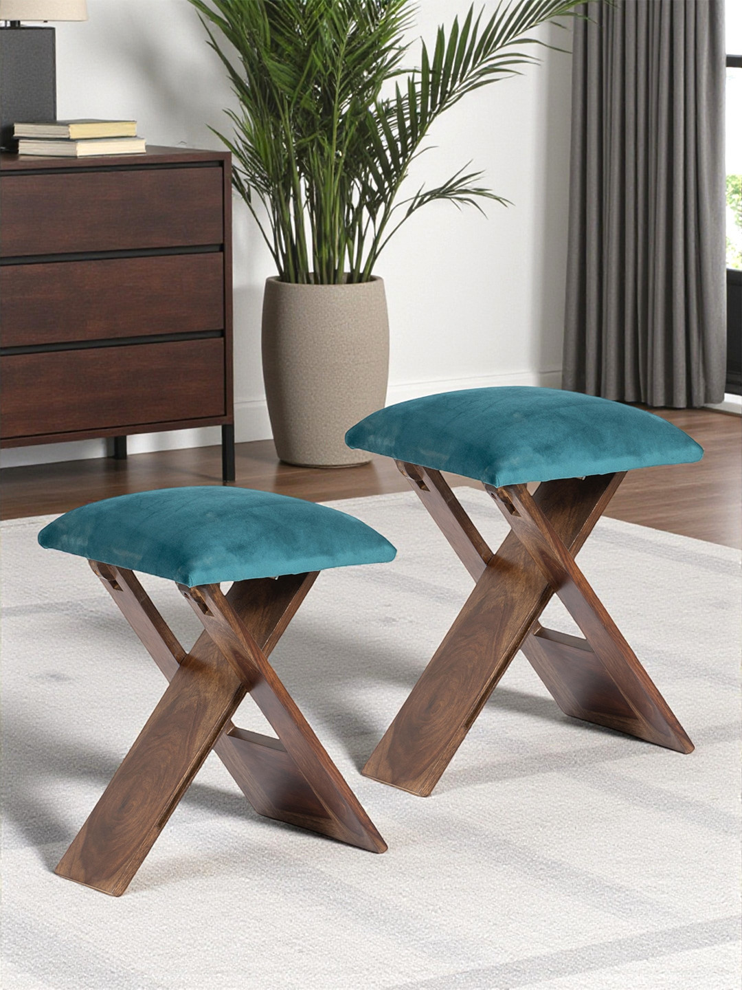 Ikiriya Rosewood Accent Square Set Of 2 Foldable Stools In Turquoise Sea Velvet Upholstery