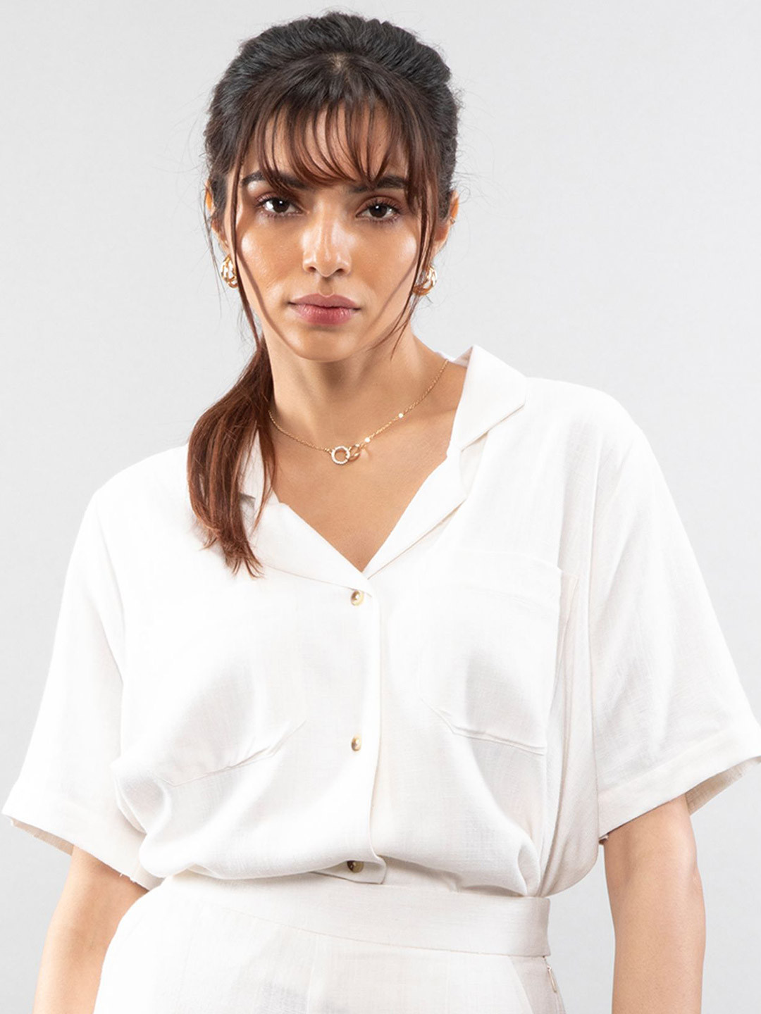 LOVE PANGOLIN Women Relaxed Fit Textured Cuban Collar Casual Shirt