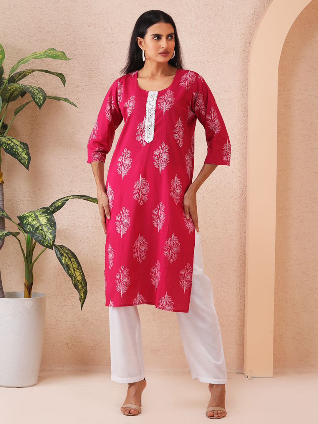 Sold For Style Floral Printed Mirror Work Pure Cotton Round Neck Straight Kurta