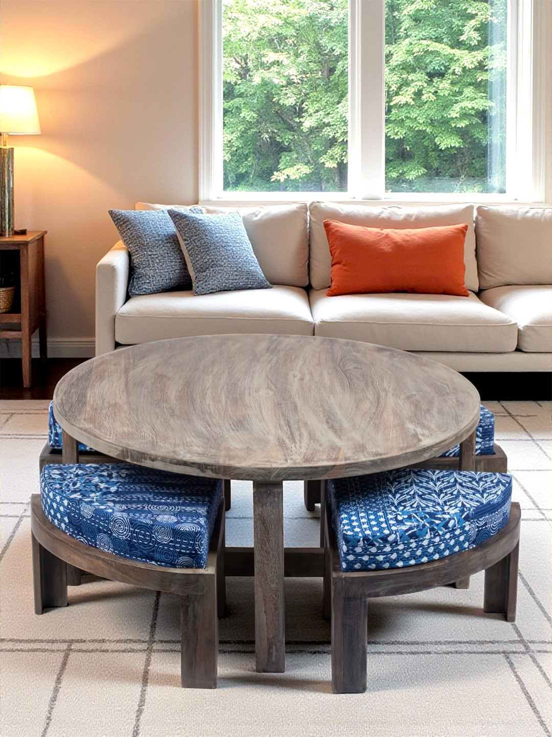 Ikiriya Sheesham Wood Country Side Coffee Table Set In Antique Grey Finish