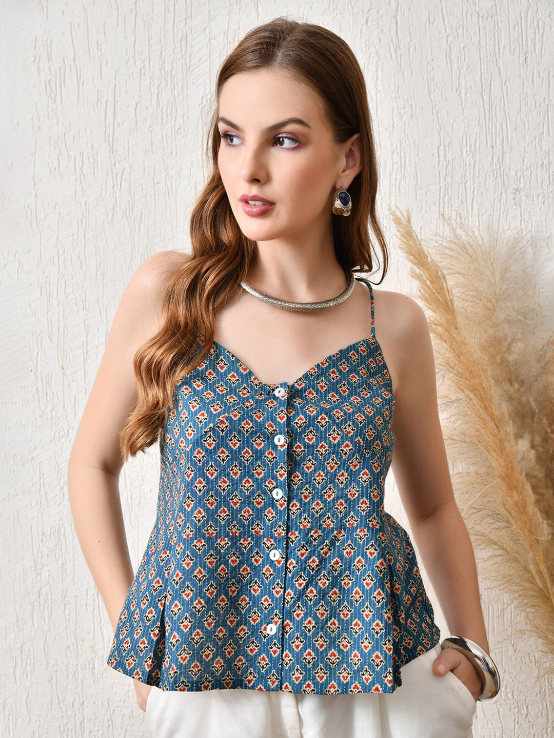 KALAMIR Women Ethnic Motifs Printed Shoulder Straps Ethnic Cotton Top