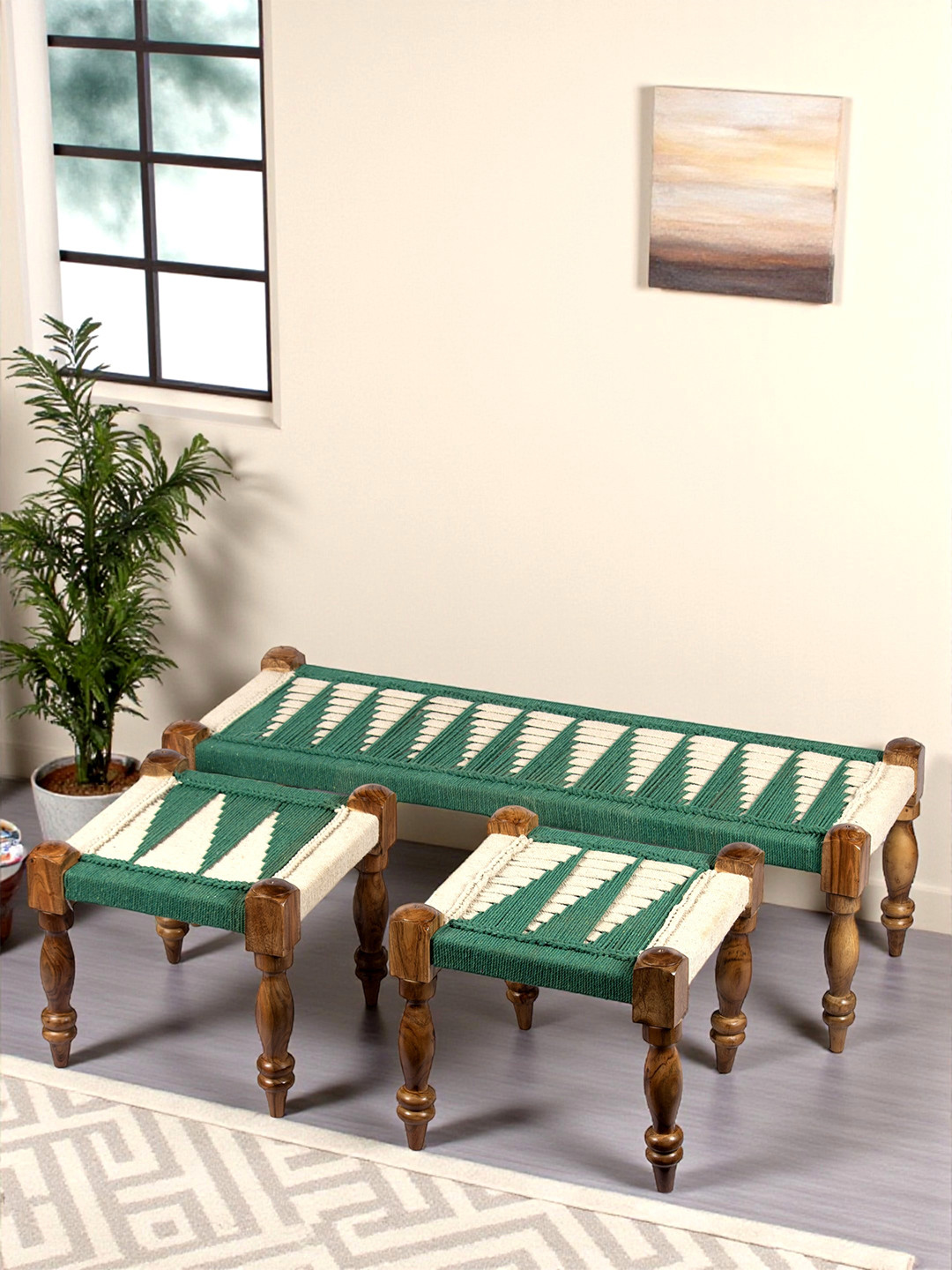 Ikiriya Sheesham Wood 3+1+1 Maachi Bench Set With 2 Stools In Green & White Rope Canning