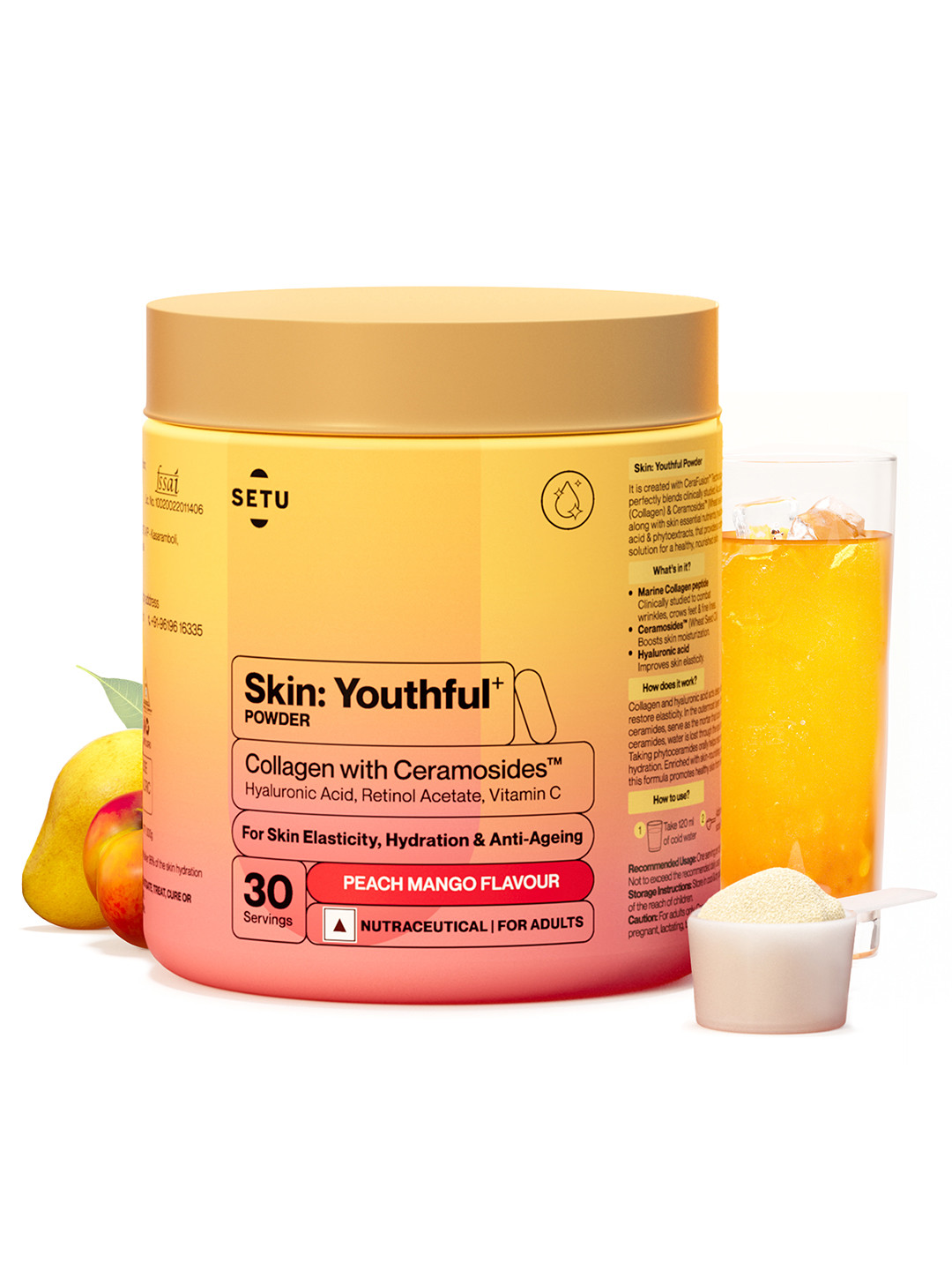 Setu Skin Youthful Marine Collagen Powder- Peach Mango- 300g (30 servings)