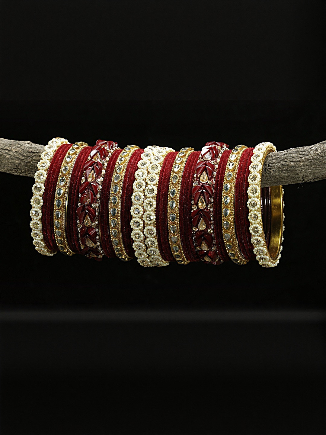 GLIKA Metal Base Zircon Gemstone Pearl & Kundan Studded Bangle Set