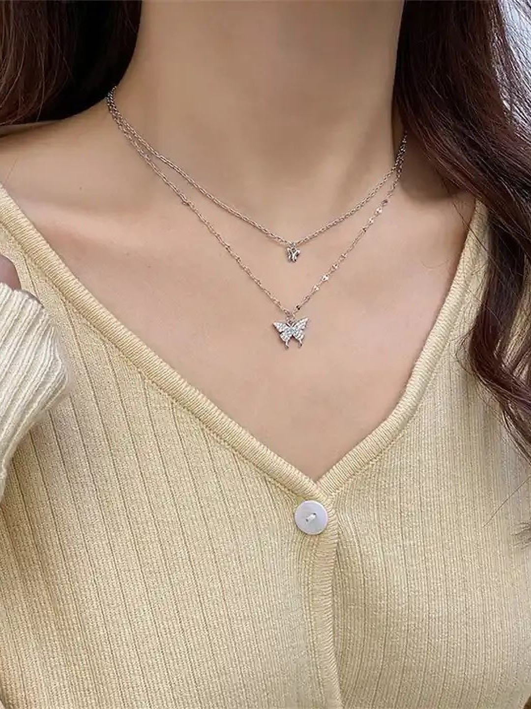 ONUYX Women Silver Plated Butterfly Charm Double Layered Chain