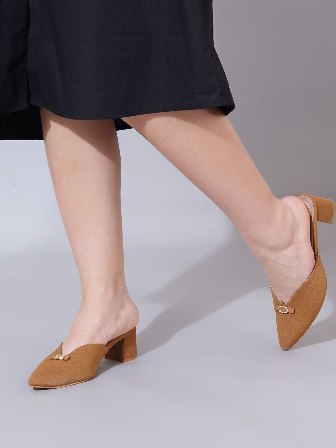 Shoetopia Women Tan Pointed Toe Open Back Synthetic Solid Casual Mules Block Heels
