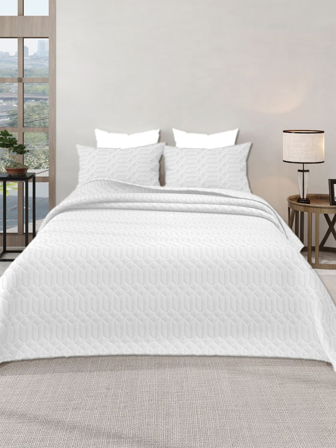 LABHAM Azure White Quilted 300 GSM Double King Bed Covers With 2 Pillow Covers