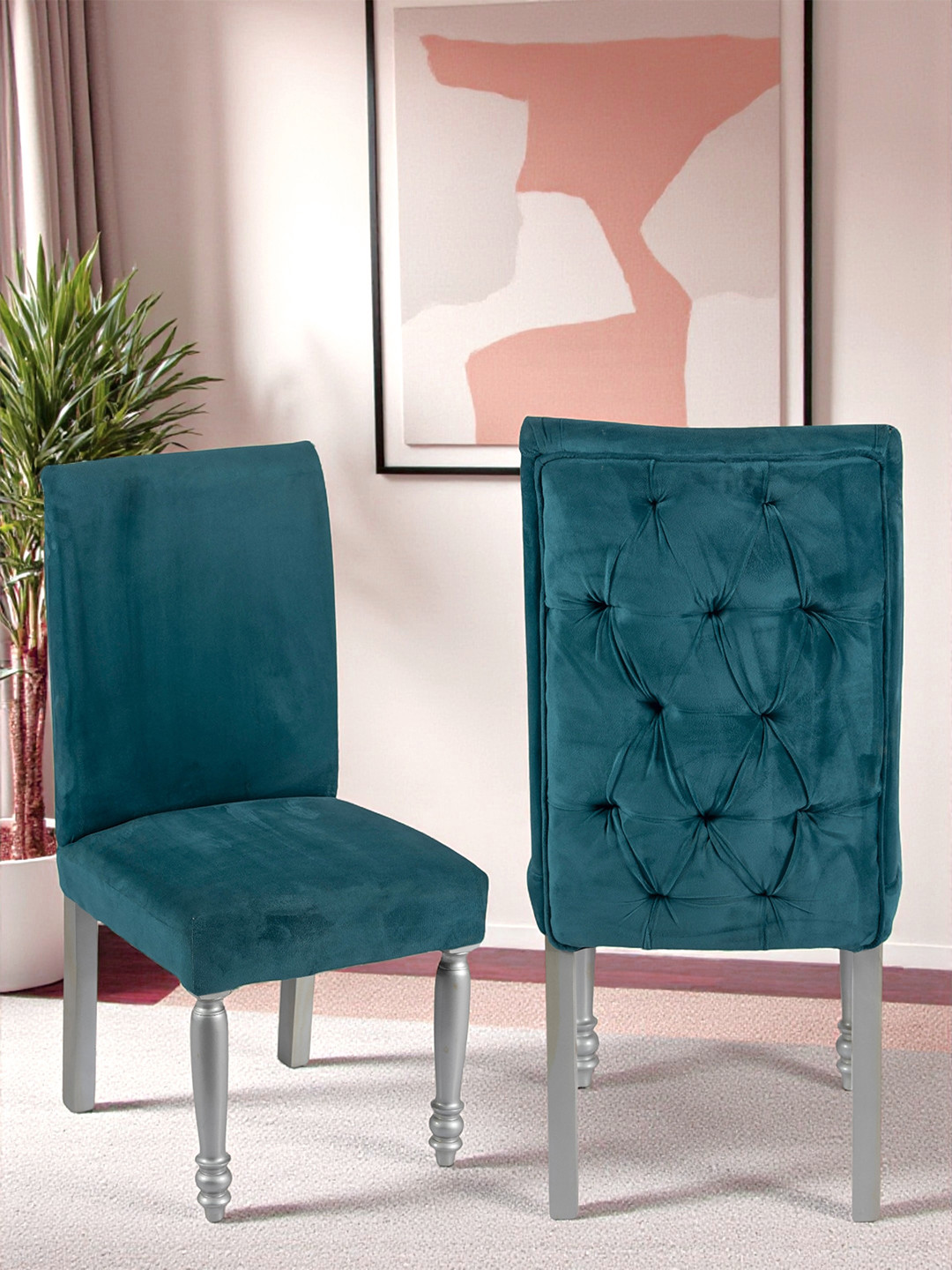 Oliver Sheesham Wood Accent Set Of 2 Dining Chairs (Turquoise Sea Velvet; Silver Finish)