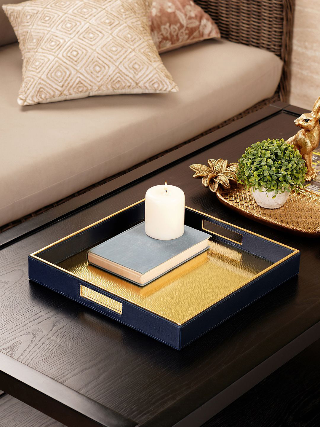 Pure Home and Living Blue & Rose Gold-Toned Faux Leather Square Food Platter