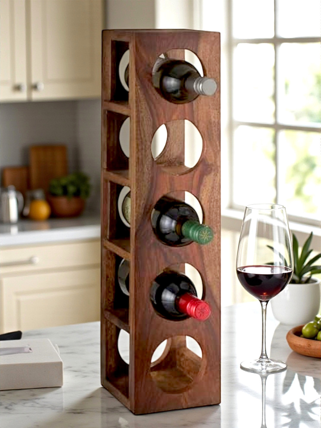 Ikiriya Wembley Sheesham Wood Accent Wine Rack In Natural Teak Finish For Upto 5 Bottles