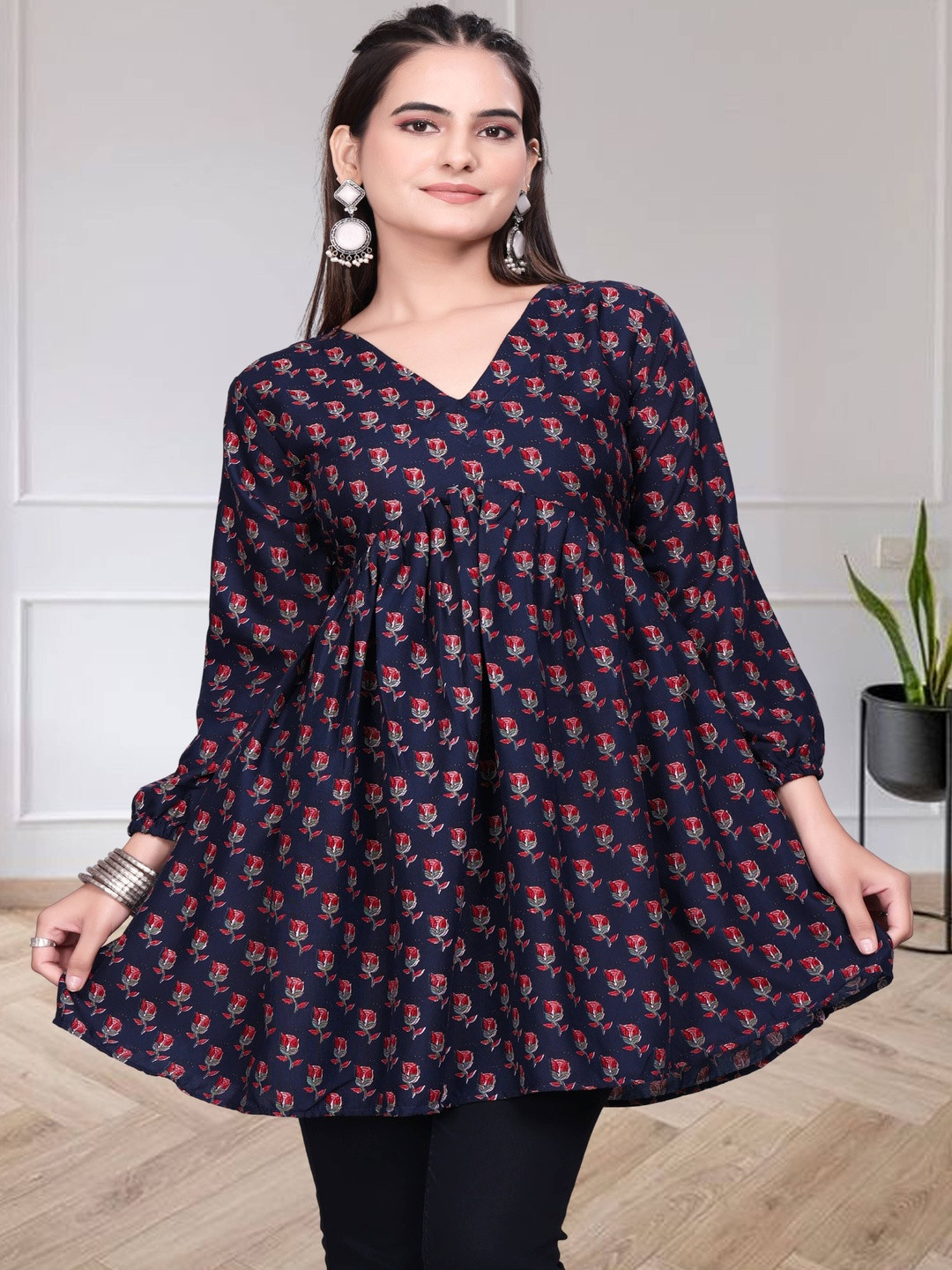 Tradenest International Floral Printed V-Neck Empire Top