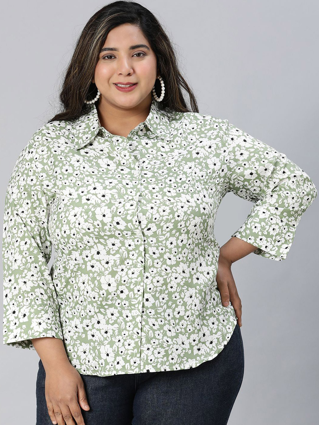 CLOCHOICE Women Plus Size Straight Fit Floral Printed Spread Collar Casual Shirt