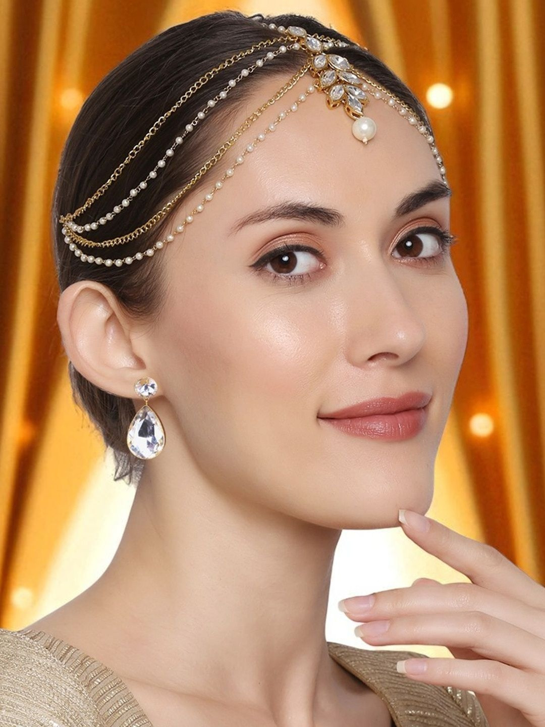 fabula Kundan Studded And Pearls Beaded Sheeshphool Matha Patti With Earrings