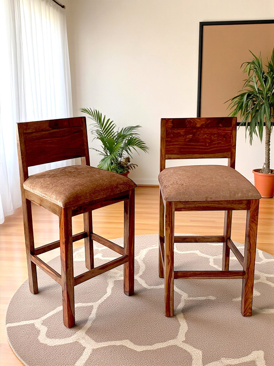 Ikiriya Osian Sheesham Wood Accent Set Of 2 Bar Chairs / Stool In Teak Finish