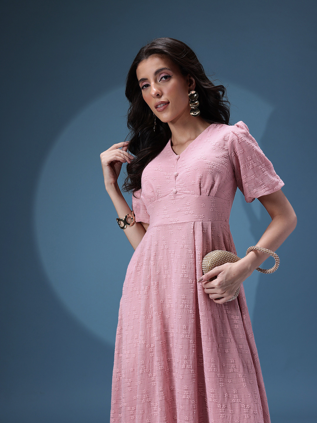 bebe Self Design Textured V-Neck A-Line Dress