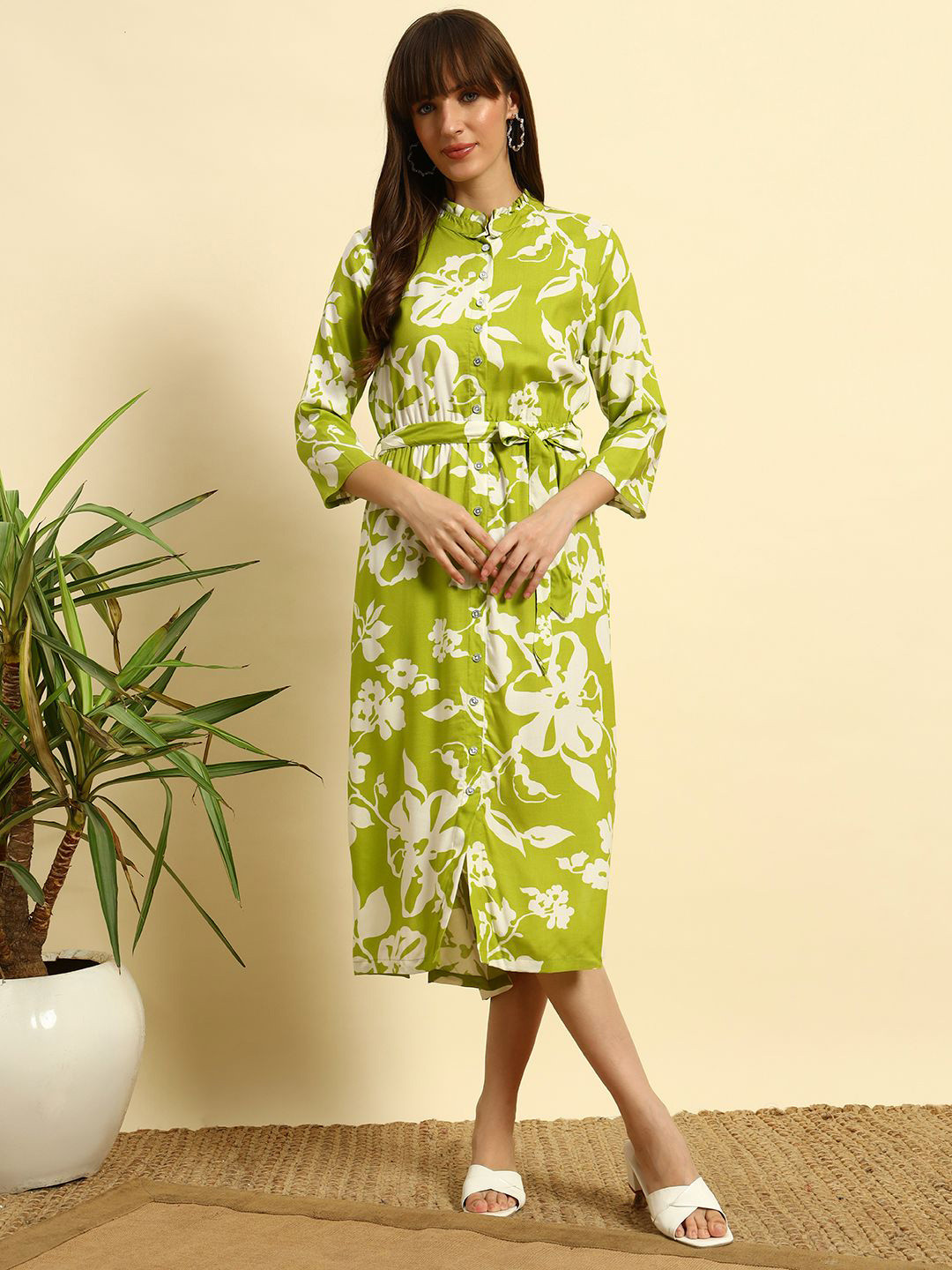 SEPHANI Floral Printed Tie Ups Mandarin Collar Shirt Midi Dress