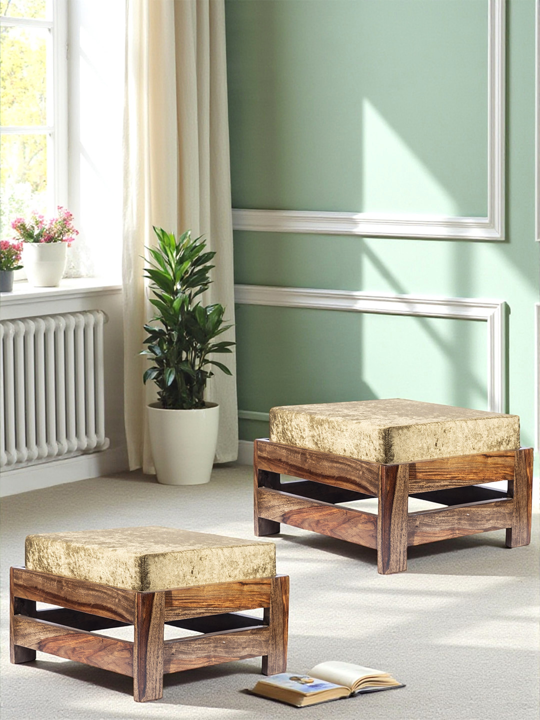Ikiriya Sheesham Wood Set Of 2 Foot Stool In Teak Finish With Green Sparkle Velvet Cushion