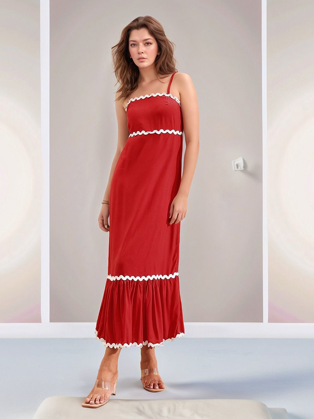 Molly & Michel Women Shoulder Straps Ruffled Maxi Dress