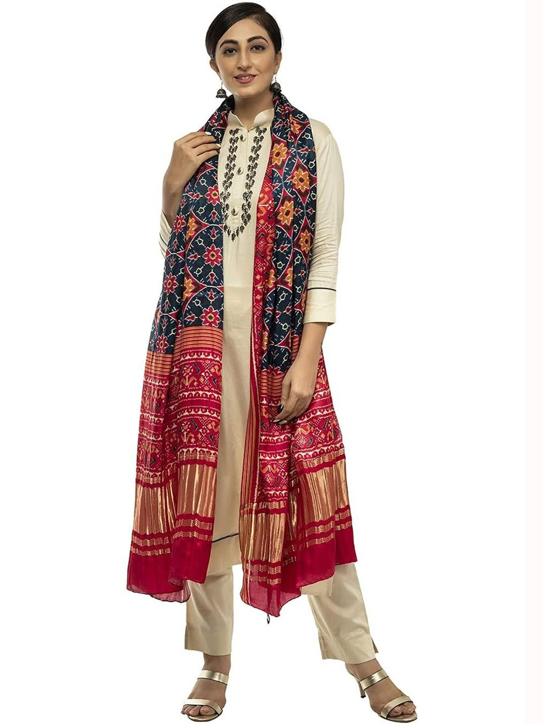Desibutik Women Multicolor Silk Blend Printed Dupatta