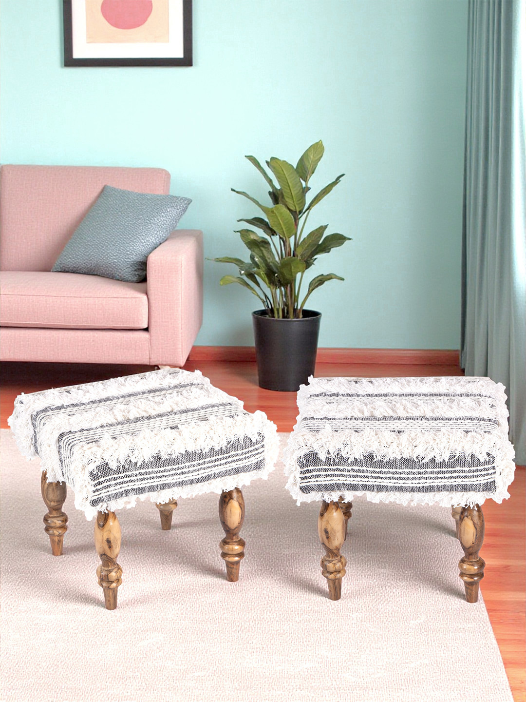 Ikiriya Sheesham Wood Mid Century Square Set Of 2 Stools In Grey Fringes Fabric Upholstery