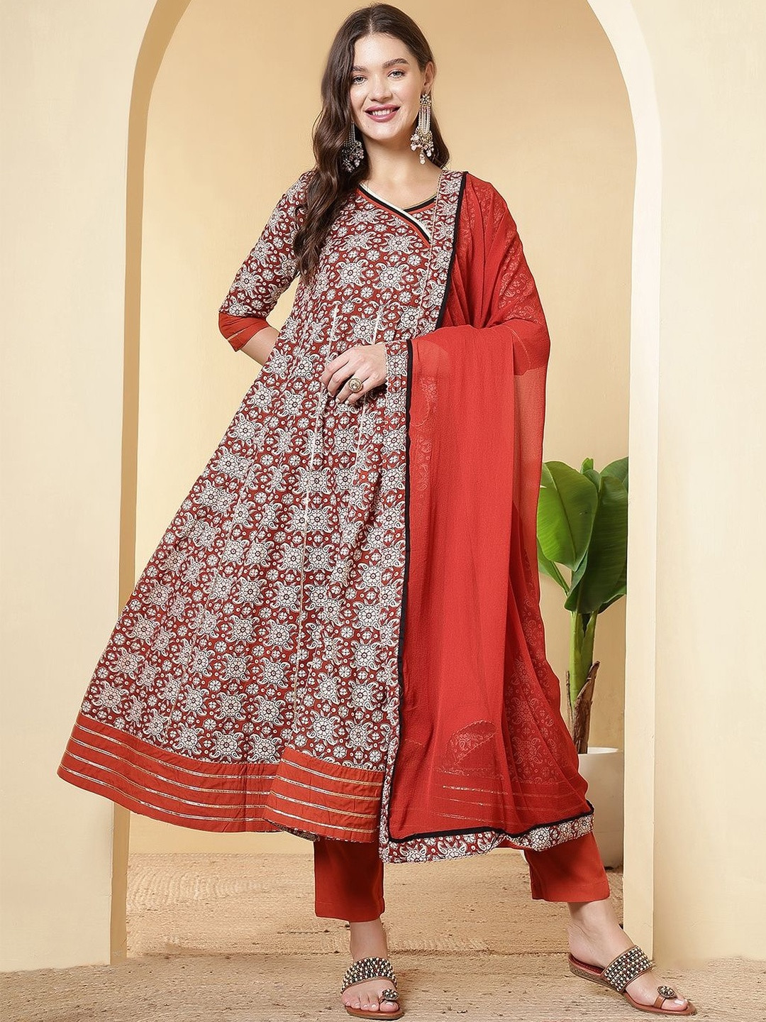 Anouk Rustic  Women Rust Printed Viscose Rayon Kurta Sets
