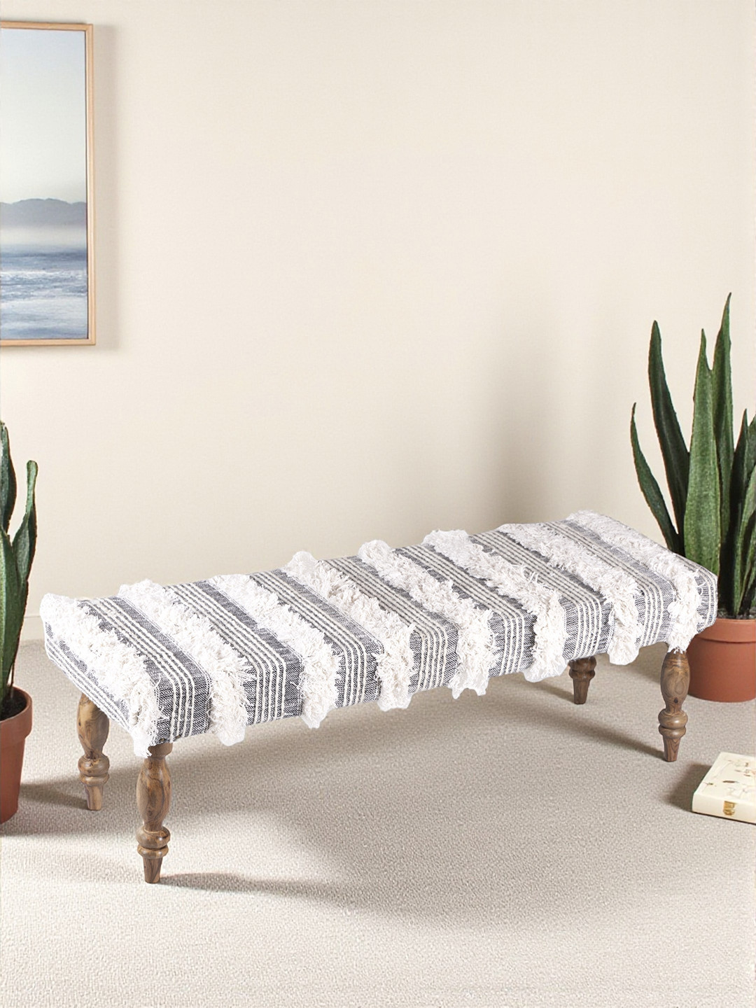 Ikiriya Cairo Sheesham Wood Accent 3 Seater Bench In Grey Fabric With Fringes