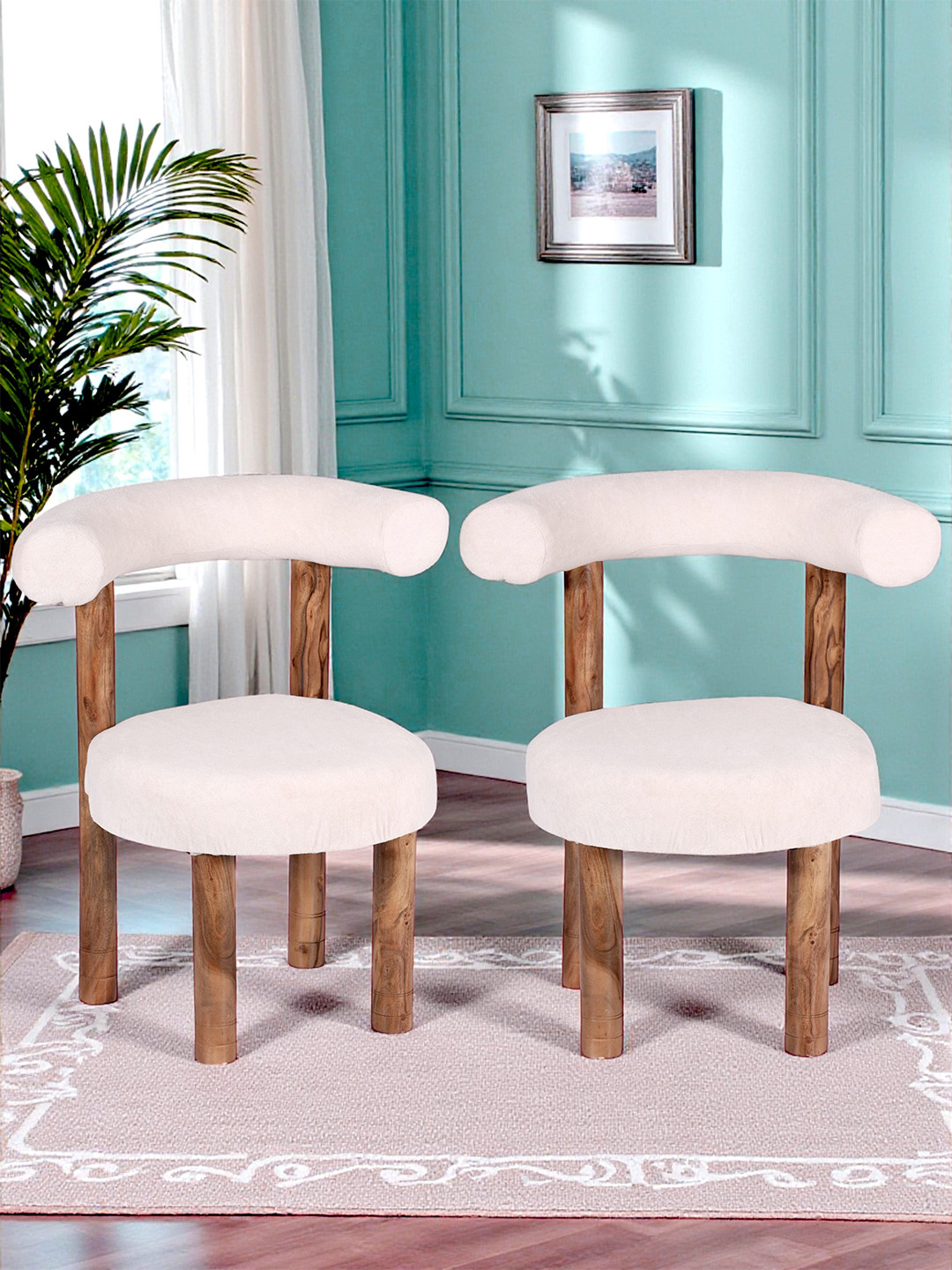 Ikiriya Sheesham Wood Set Of 2 Lounge Chair In Off White Soft Boucle Fabric Upholstery