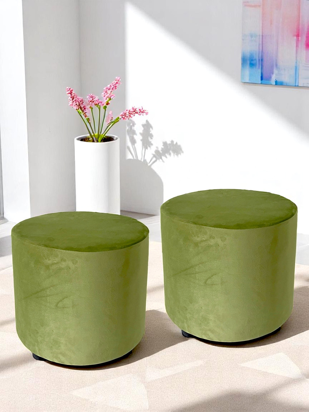 Ikiriya Solid Wood Contemporary Round Set Of 2 Pouffees In Pear Green Velvet Upholstery