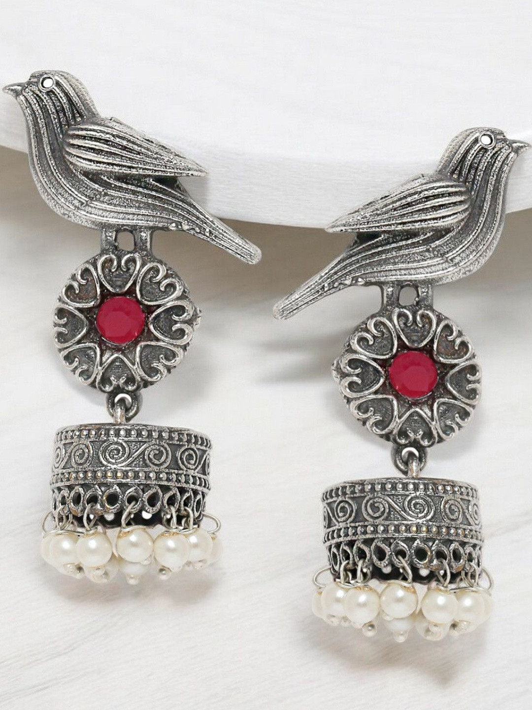 fabula Artificial Stones Studded And Beaded Oxidised Animal Shaped Drop Earrings