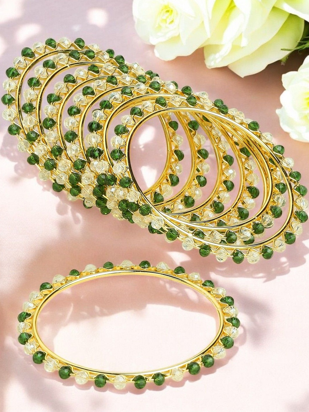 Anouk Women Pack Of 8 Gold Tone Green & White Crystal Beads Bangle