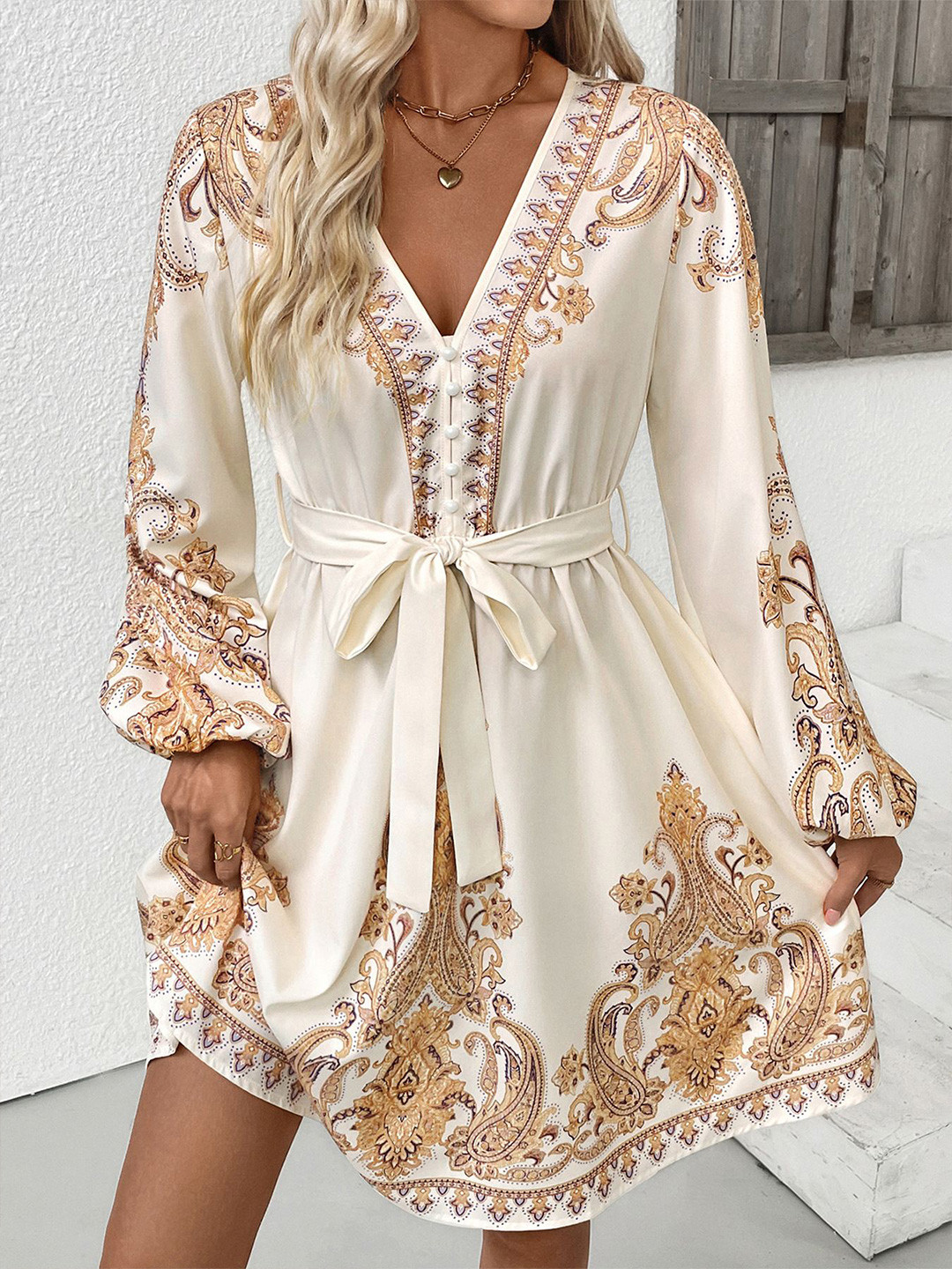 Cream Paisley Printed A-Line Dress with Bishop Sleeves