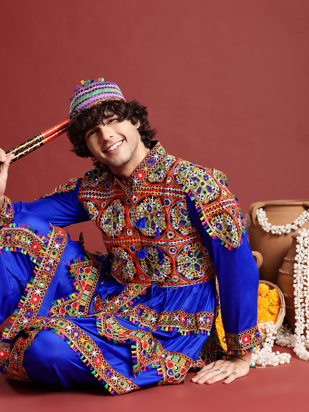 PulseIQ Men Embroidered Pleated Mirror Work Kediya Set with Cap & Dandiya