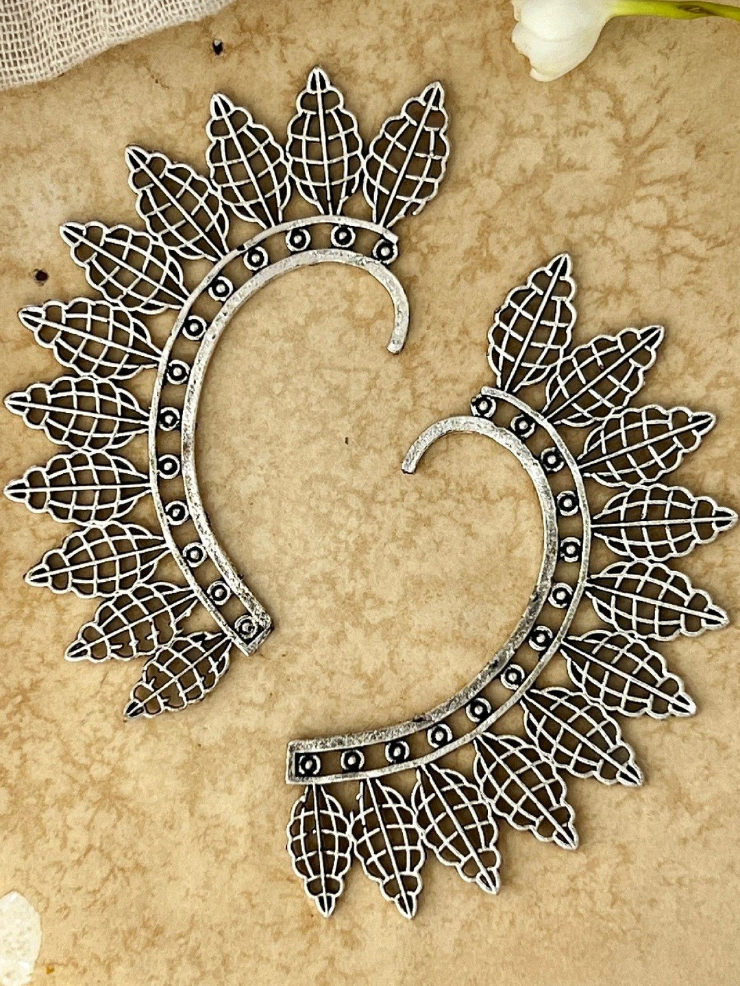 ISHKAARA Silver-Plated Layered Leaf Crown Oxidised Ear Cuffs