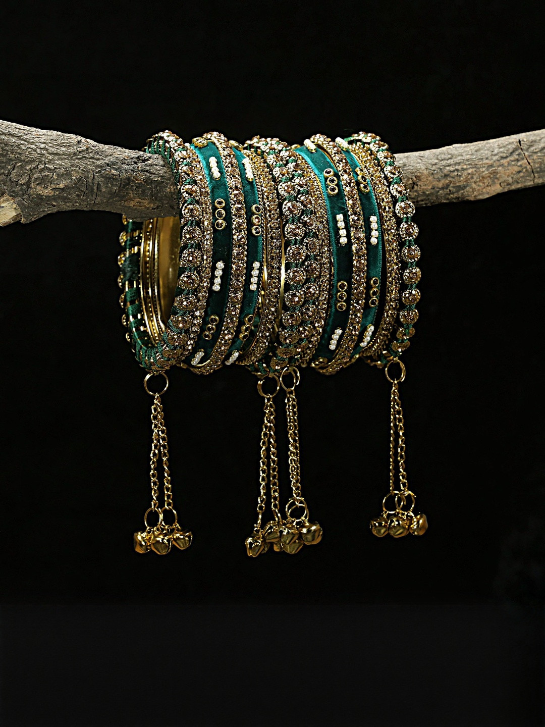 GLIKA Pack of 10 Metal Gold Green Ethnic Pearl Bangle Set