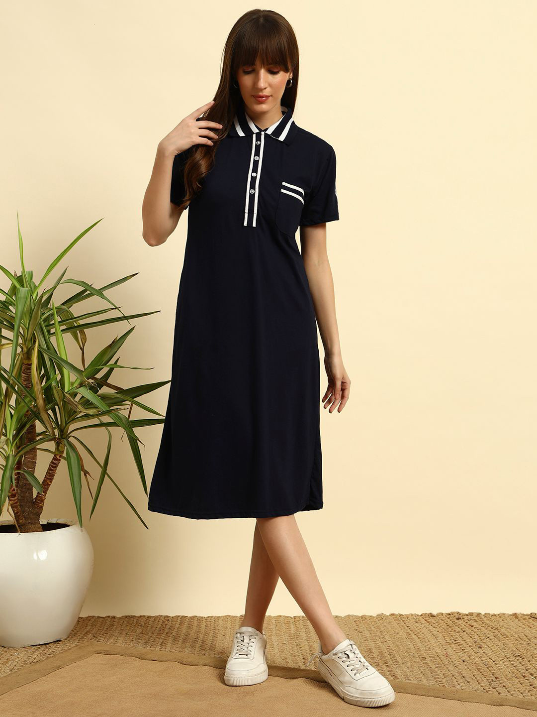 SEPHANI Women Polo Collar Short Sleeve Cotton T-shirt Dress