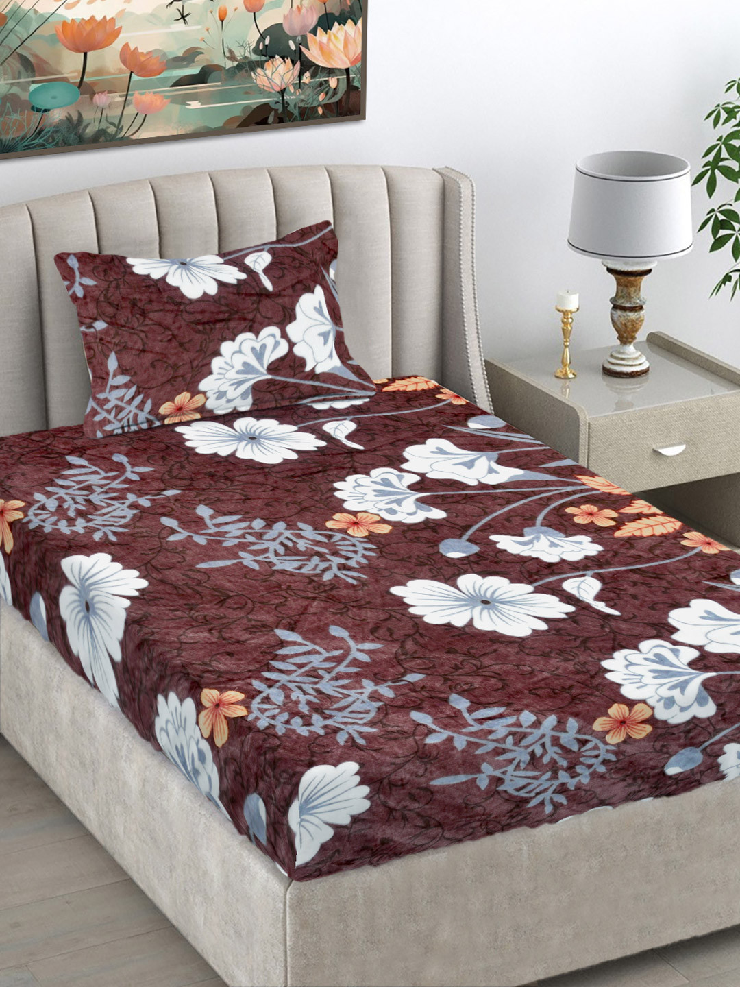 FABINALIV Brown & White Floral Printed 300 TC Woolen Single Bedsheet Set 2.20 m x 1.50 m