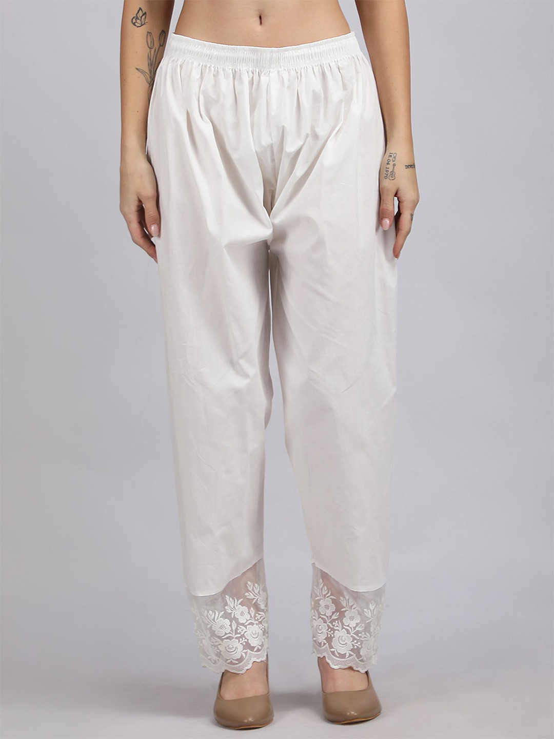 MICHAEL KOVLIN Women Floral Embroidered Lace Design Regular Fit Cotton Trousers