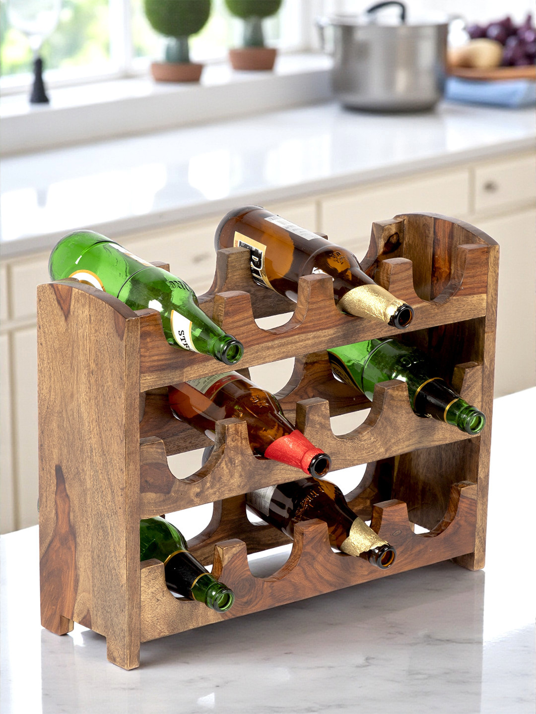 Ikiriya Kassel Sheesham Wood Accent Wine Rack In Teak Finish For Upto 12 Bottles