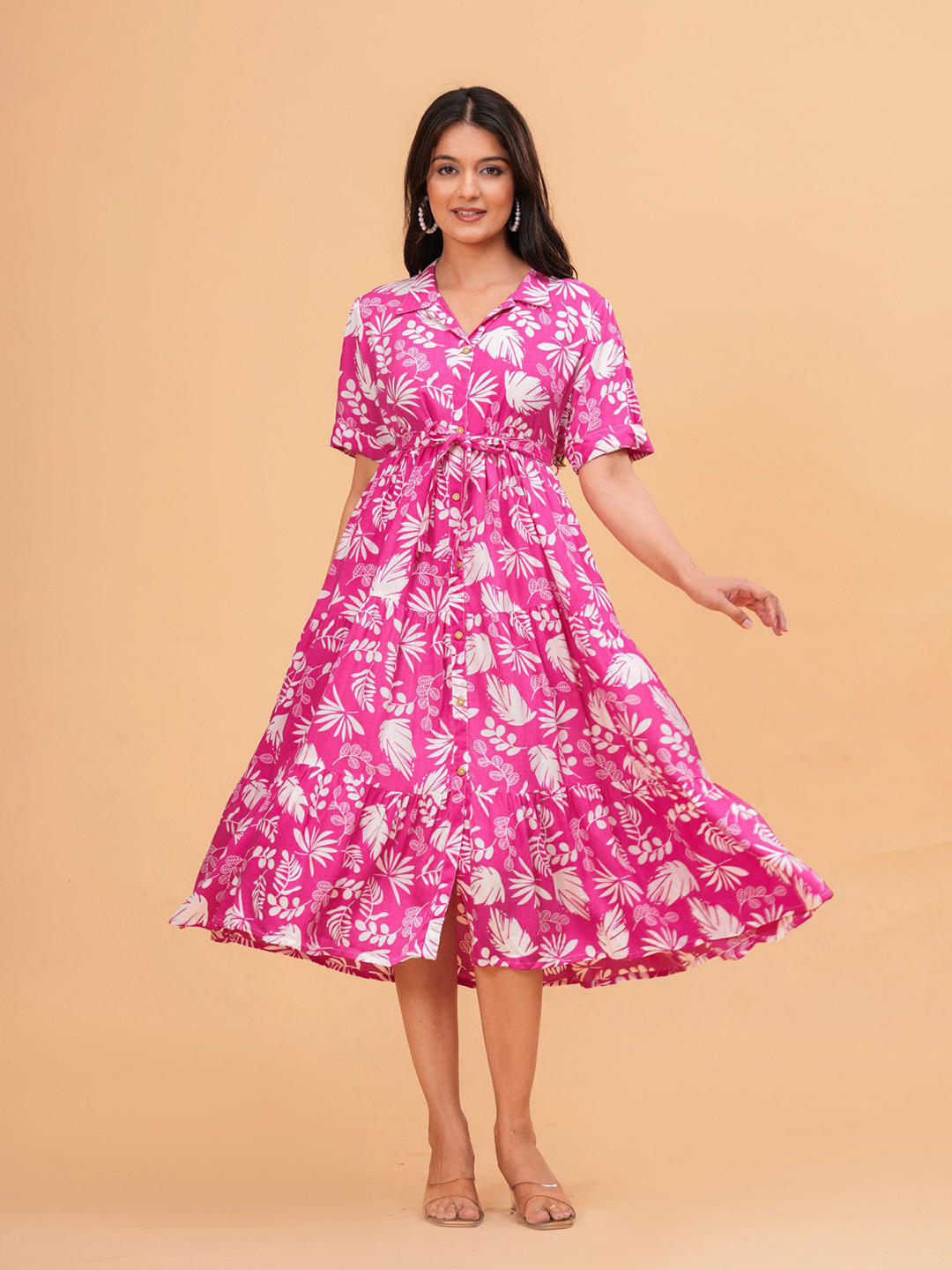 Chandbaali Women Floral Print Shirt Midi Dress